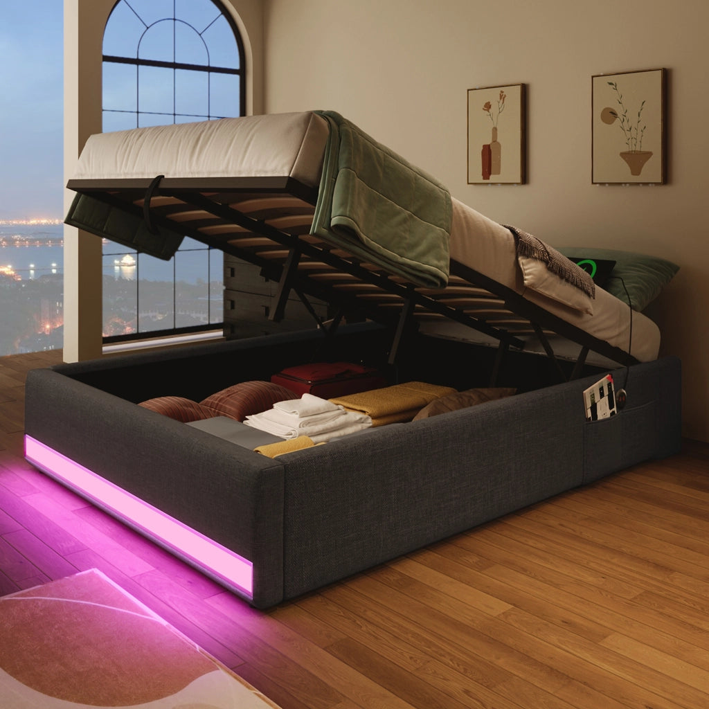 DESMIU Letto contenitore Letto singolo 90 × 200 cm con USB, Type-C, LED e tasche portaoggetti, senza materasso, grigio