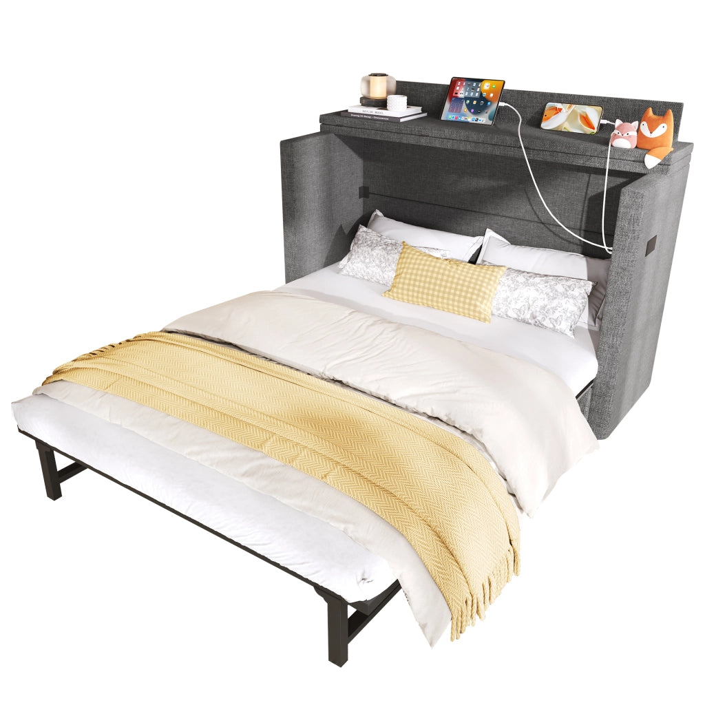OKWISH Letto a scomparsa 140×200 cm, Letto Matrimoniale con 1 Cassetto, USB, Tipo C e Mensola, senza Materasso, in Lino, Grigio