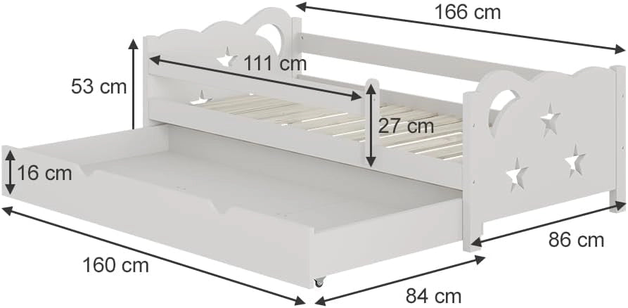 Letto per bambini Jessica, Bianco, 80x160 cm con cassetto, senza materasso, estendibile come letto per ragazzi, combinabile con la serie Jessica