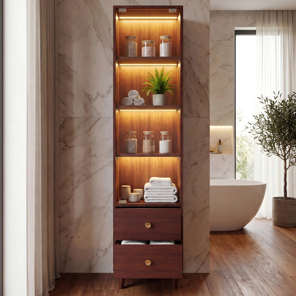 Vetrina, libreria, illuminazione a LED, ante in vetro, 2 cassetti, ripiani regolabili, color noce