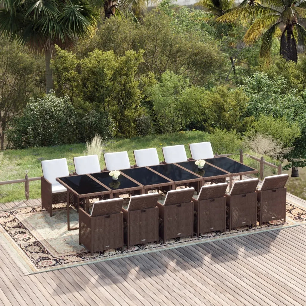 Set da Pranzo per Giardino 13 pz con Cuscini Polyrattan Marrone 3095620