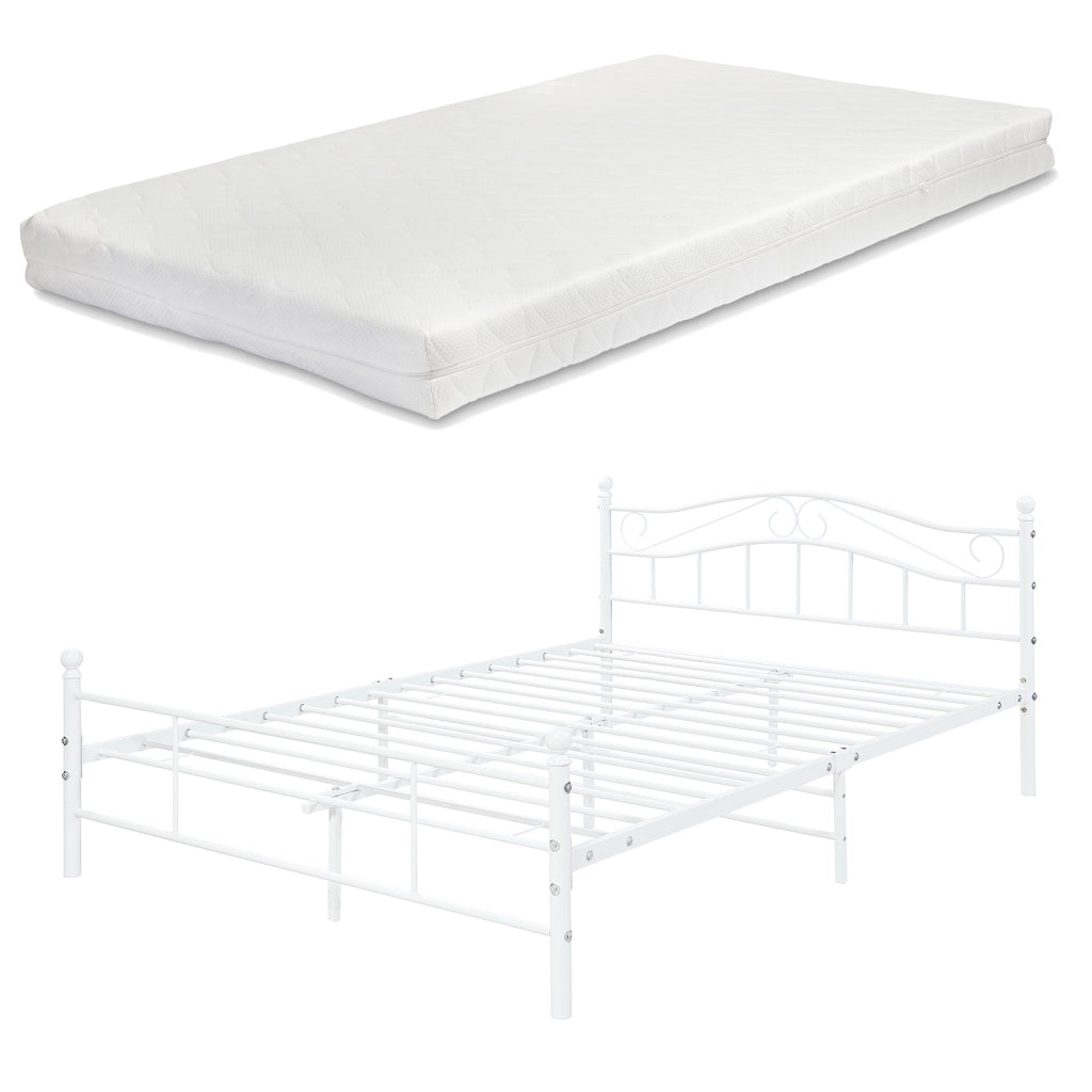 Letto Francese Florenz in Acciaio con Testiera Decorativa e Materasso 140 x 200 cm Bianco [en.casa]