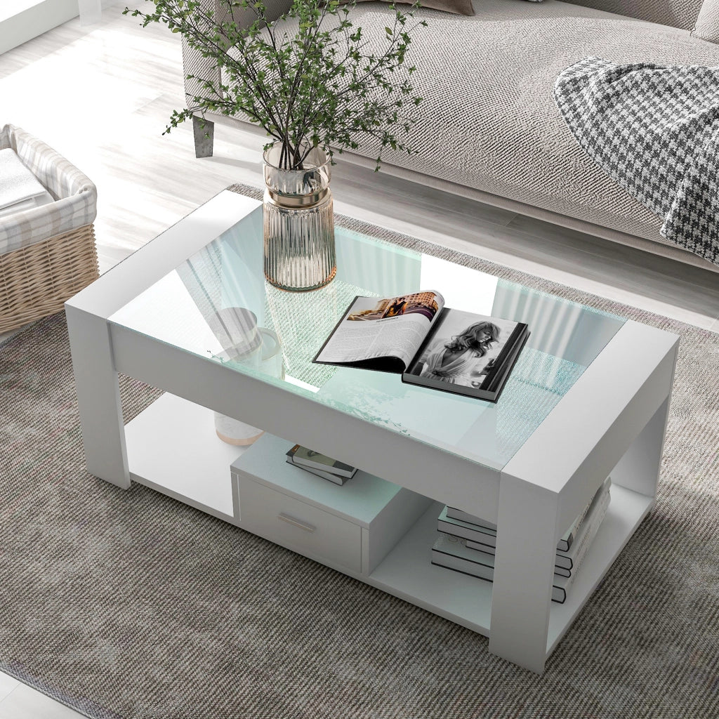 Tavolino da salotto con piano in vetro temperato; 2 cassetti e ampio vano aperto; bianco; 100 Ã— 50 Ã— 40 cm