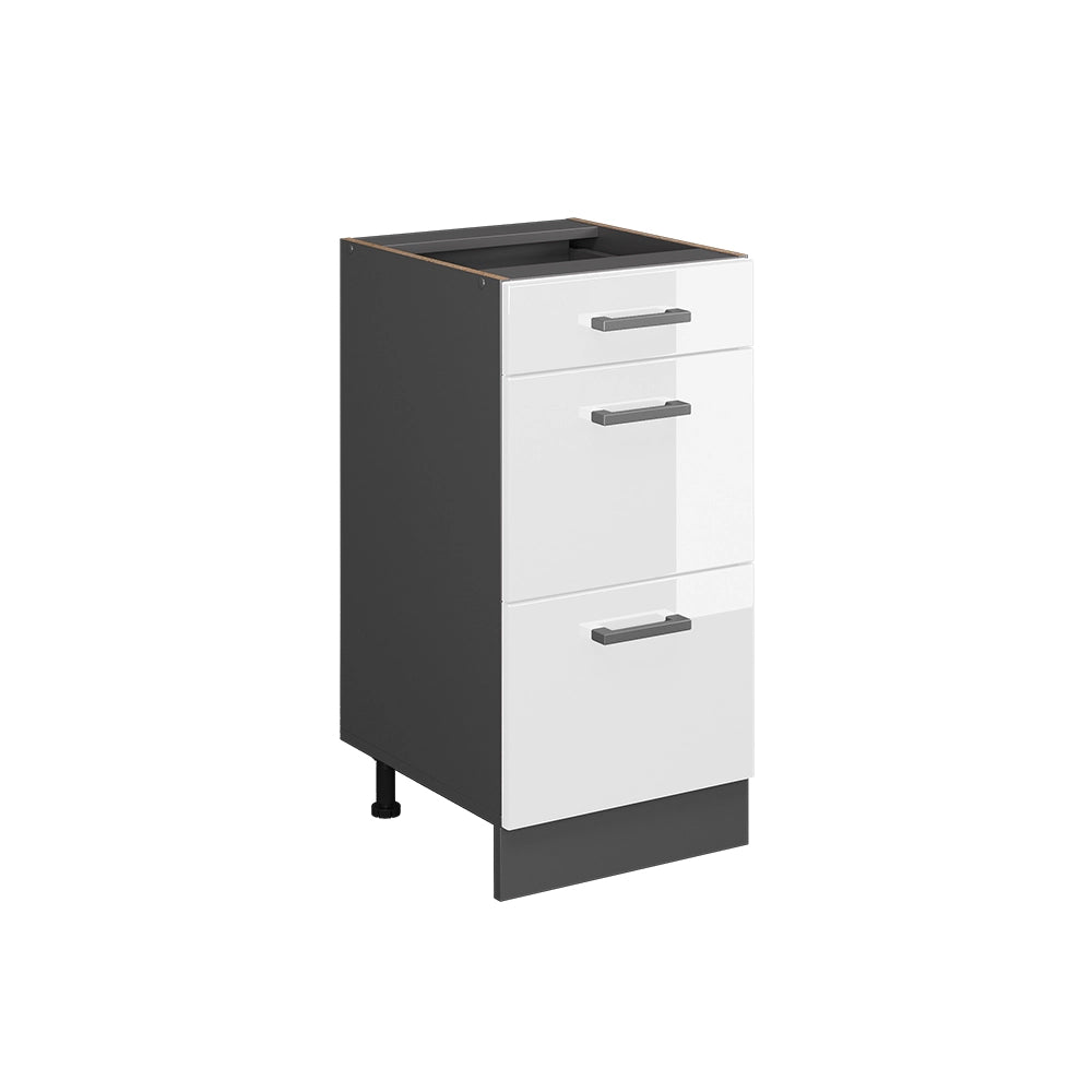 Mobiletto base per cucina R-Line Bianco lucido/Antracite 40 cm con cassetti, senza piano di lavoro Vicco