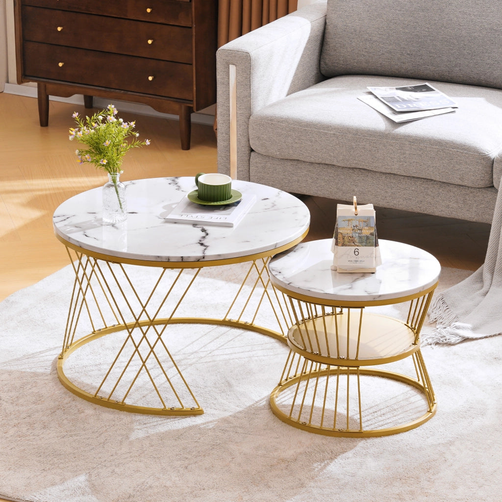 TAVOLINO da caffè set 2 pezzi rotondo impilabile 70/45 cm MDF bianco e oro