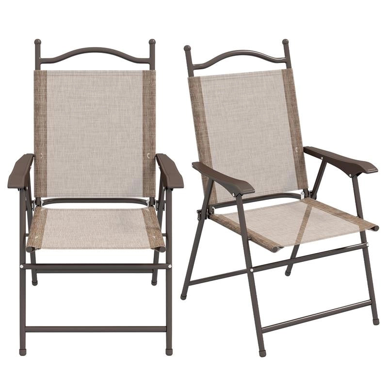 SET 2 SEDIE PIEGHEVOLI DA GIARDINO CON BRACCIOLI E SEDUTA IN TESSUTO TRASPIRANTE, MARRONE