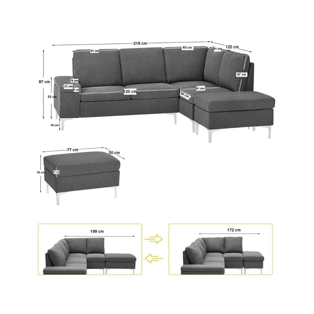 Divano angolare destro tessuto grigio Dina con bracciolo porta oggetti 218X172X87H