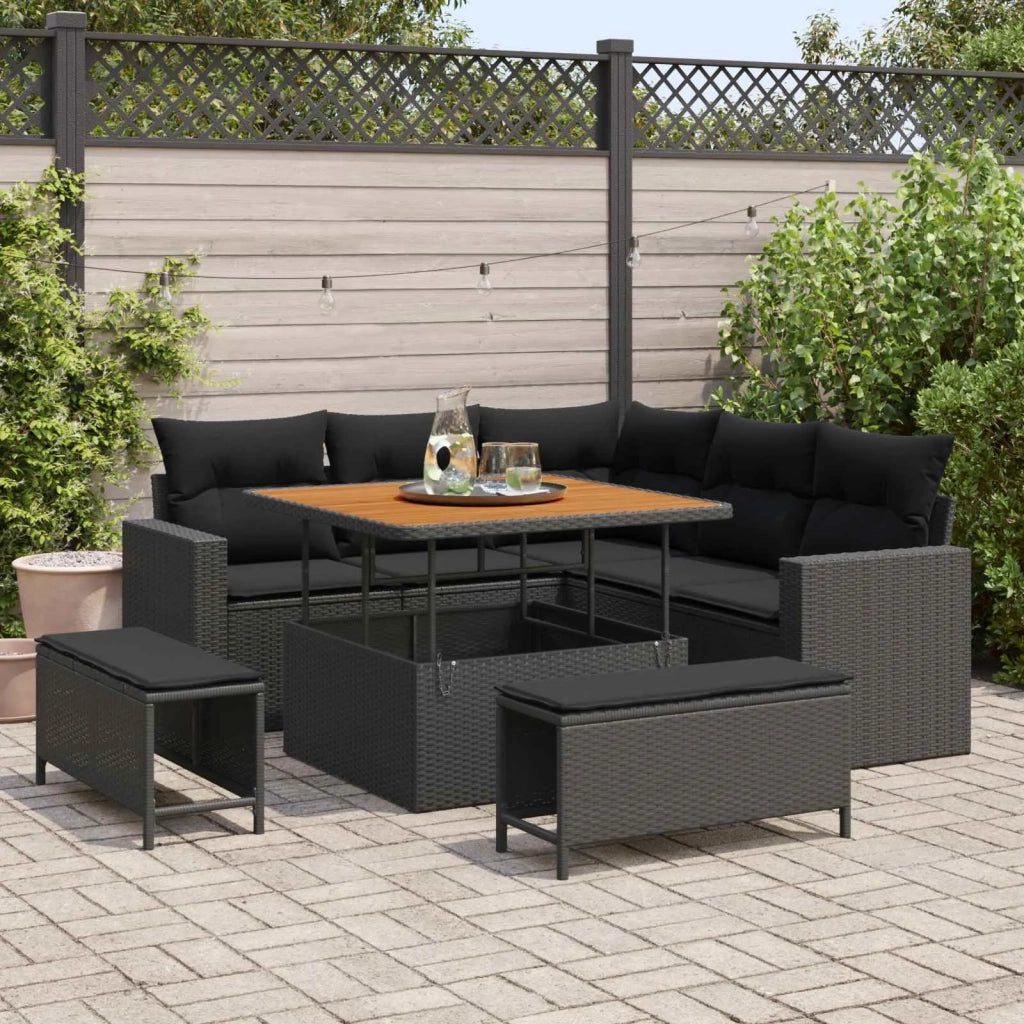 Set Divano da Giardino con cuscino 9 pcs Nero polyrattan