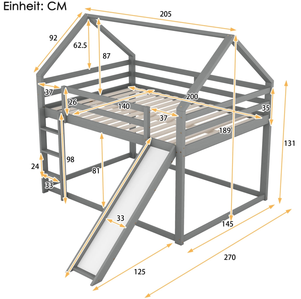 Letto a castello a casetta 140x200 cm con scivolo e scala; legno di pino; grigio