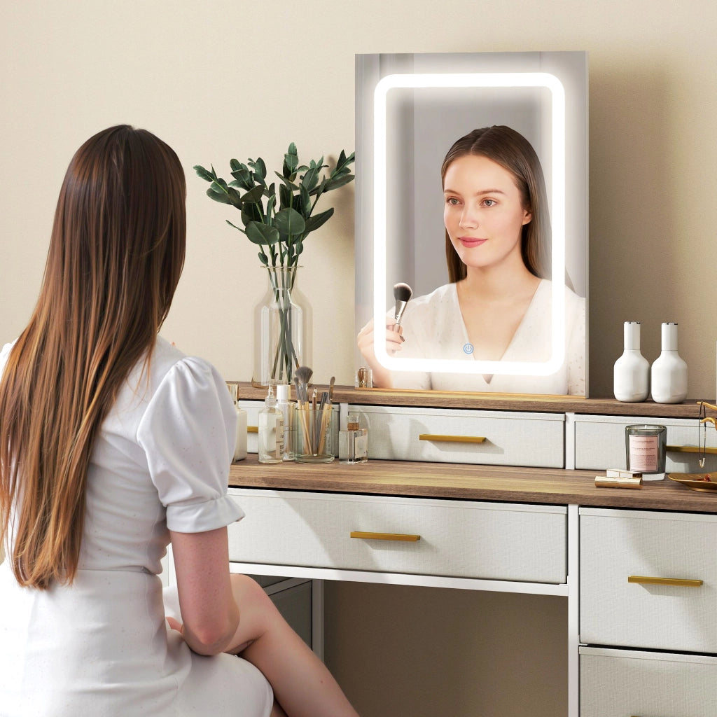 Scrivania trucco con specchio e luci LED ¨C Zephmum ¨C 118.5x39.5x140 cm naturale