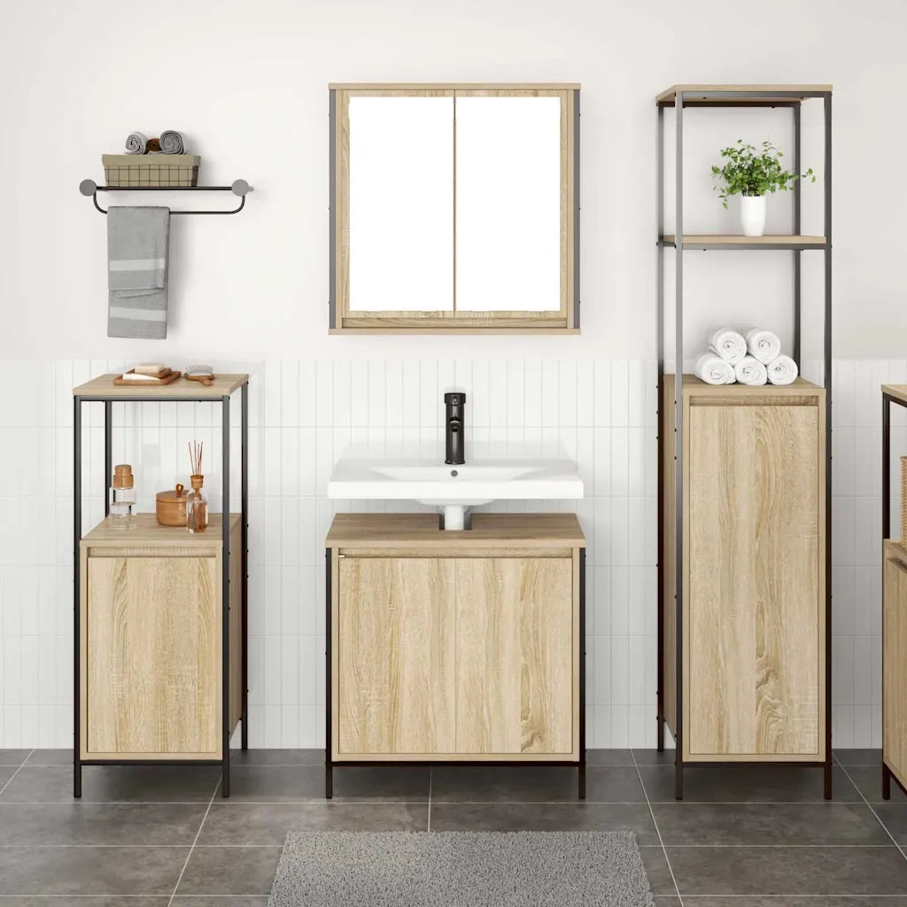 Set di mobili per il Bagno | Armadio da bagno con porta 3 pz Rovere Sonoma e Nero
