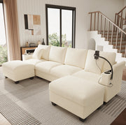 Divano modulare beige in velluto a coste con USB e portaoggetti
