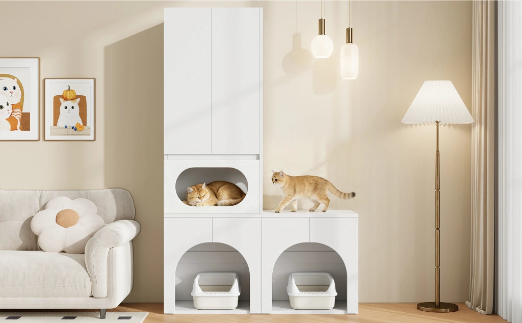 Armadio per lettiera per animali con zona riposo, doppio vano toilette e ampio spazio contenitivo, bianco