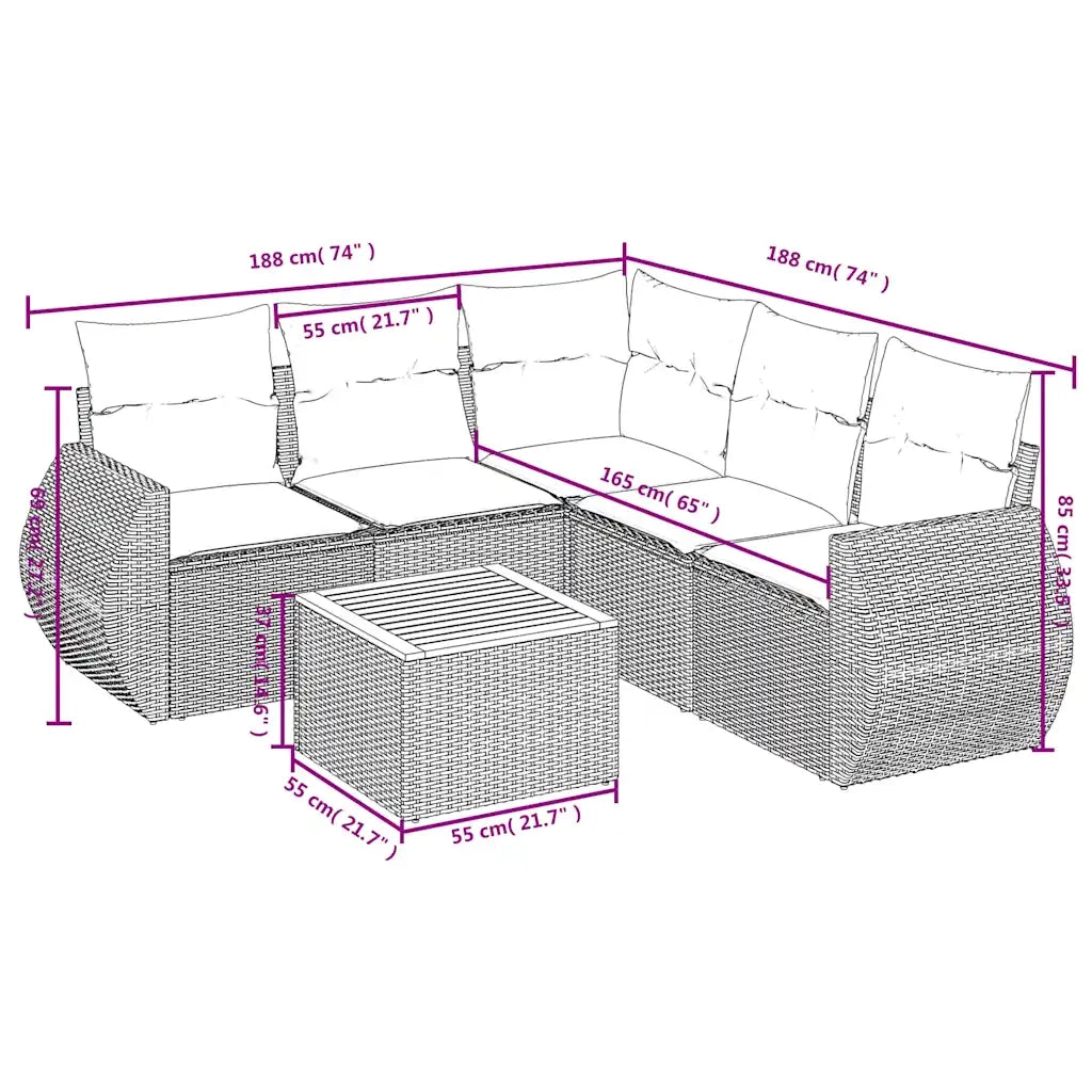 Set Divani da Giardino 6 pz con Cuscini Nero in Polyrattan 3225000