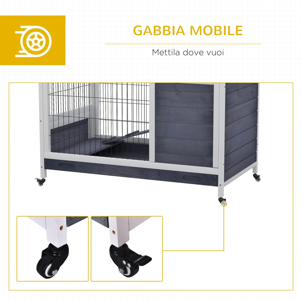 Gabbia per Conigli e Porcellini d'India 90x53x59 cm con Ruote in Legno  Grigia