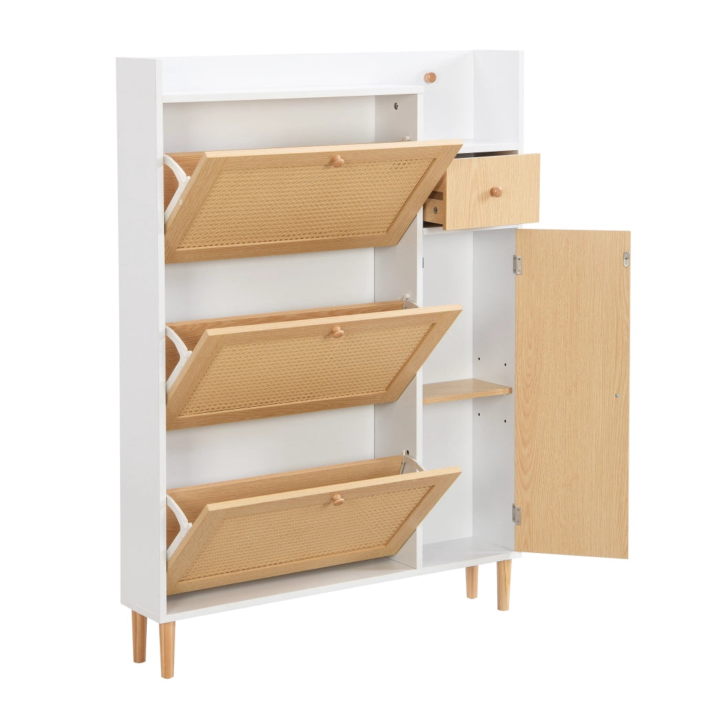 OKWISH Scarpiera con 3 Ante a Ribalta e 1 Cassetto, Ripiani Regolabili, per Ingresso, MDF, Naturale e Bianco, 90 x 17 x 125 cm