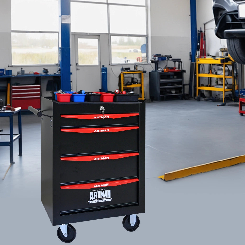 Carrello portautensili con 4 cassetti, serratura e ruote piroettanti, per garage, in acciaio, nero rosso