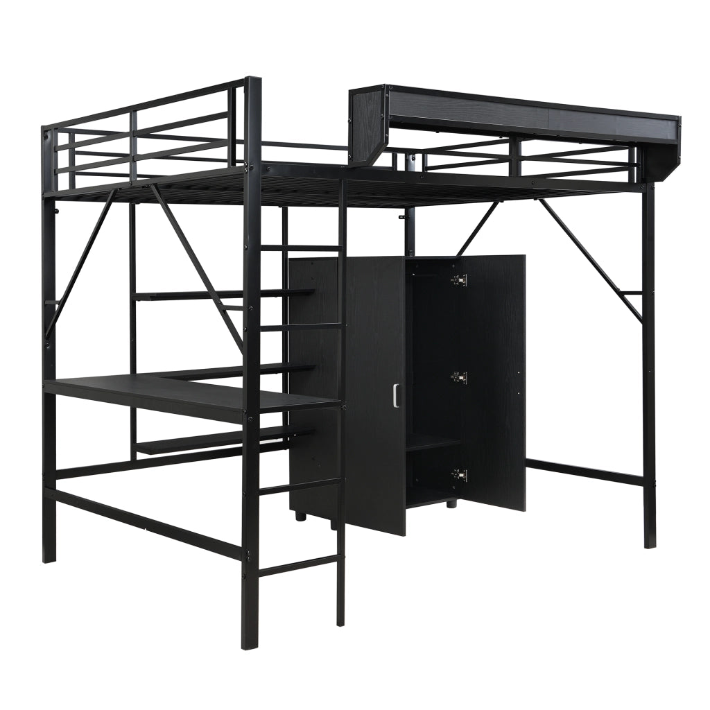 Letto a Soppalco 140 x 200 cm con Scrivania; Armadio e Mensola - Metallo e MDF - Nero