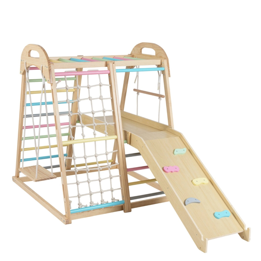 Set da arrampicata in legno con scivolo barra delle scimmie scala a corda, Palestra per bambini 8 in 1 con piattaforma-Arrampicate e scivoli