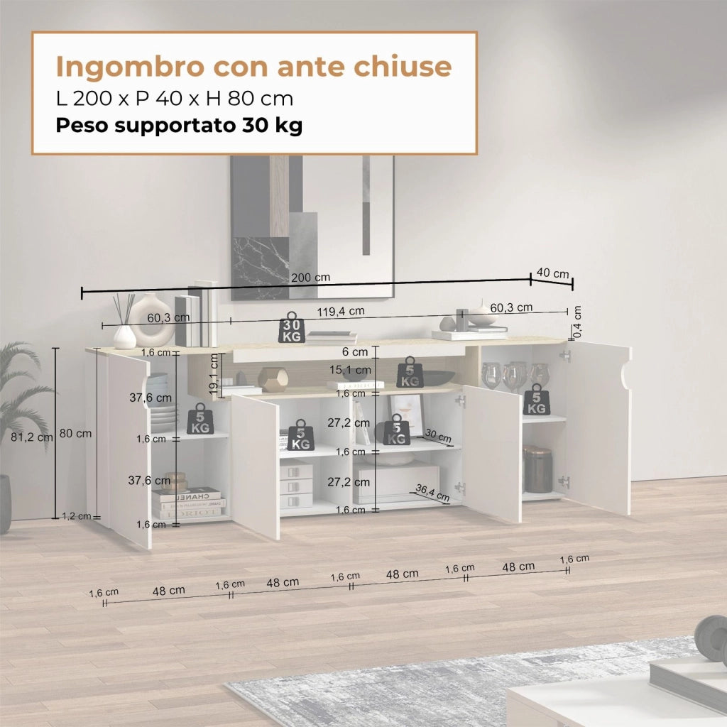 WHOUS Credenza Real con 4 ante e 1 vano aperto cashmere e rovere chiaro 200x40x80 cm