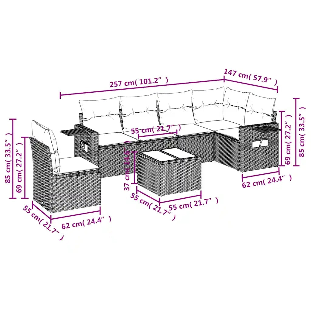 Set Divani da Giardino 7 pz con Cuscini Marrone in Polyrattan