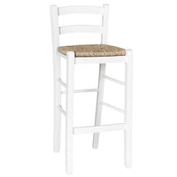 Sgabello alto 67 cm in legno di faggio italiano bianco con seduta in paglia