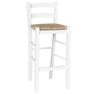 Sgabello alto 67 cm in legno di faggio italiano bianco con seduta in paglia