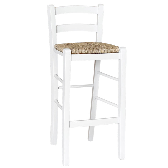 Sgabello alto 67 cm in legno di faggio italiano bianco con seduta in paglia