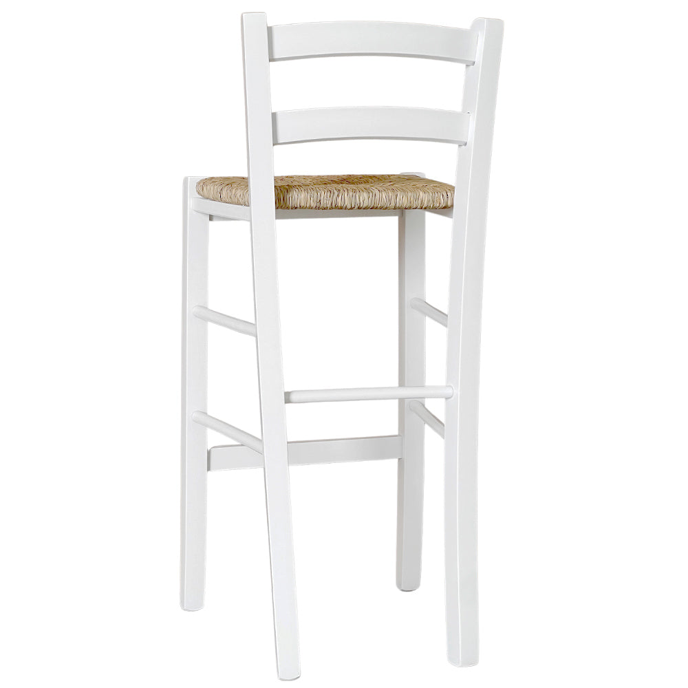 Sgabello alto 67 cm in legno di faggio italiano bianco con seduta in paglia
