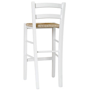 Sgabello alto 67 cm in legno di faggio italiano bianco con seduta in paglia