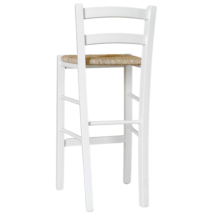 Sgabello alto 67 cm in legno di faggio italiano bianco con seduta in paglia