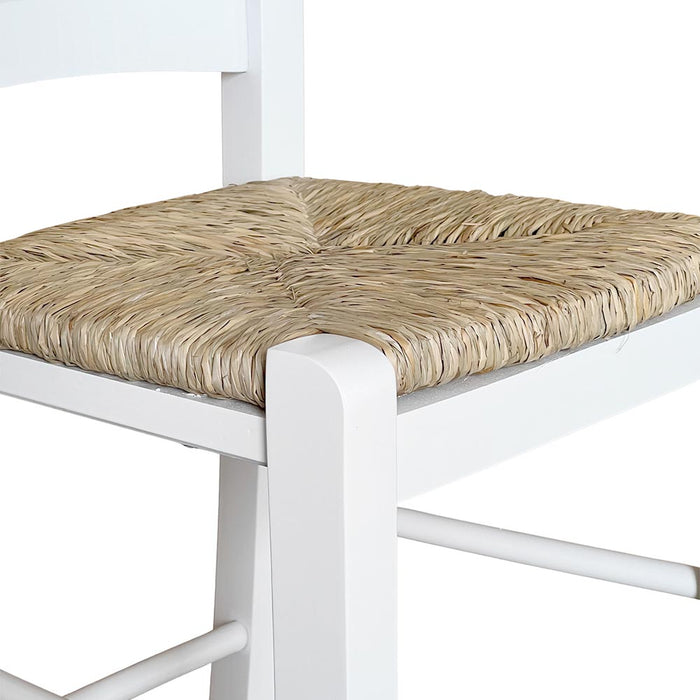 Sgabello alto 67 cm in legno di faggio italiano bianco con seduta in paglia
