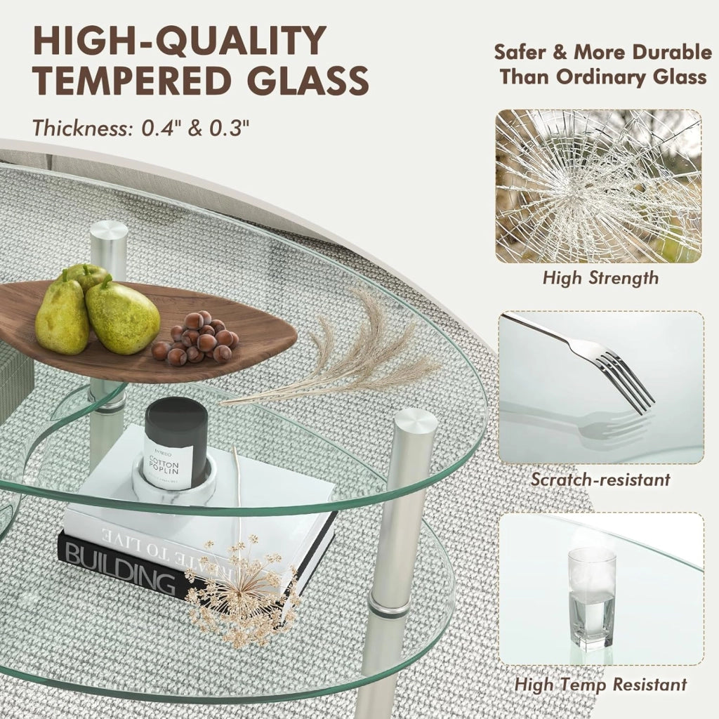 Tavolino da salotto in vetro temperato, tavolino ovale con 3 ripiani in vetro e gambe in acciaio inox con poggiapiedi, elegante tavolo da soggiorno per ufficio e casa, 89 × 49 × 45 cm
