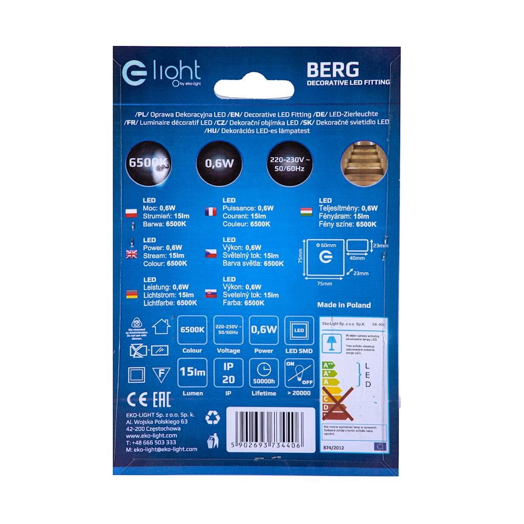 Faretto LED incasso quadrato 0,6W 6500K Eko-Light BERG EKS4406