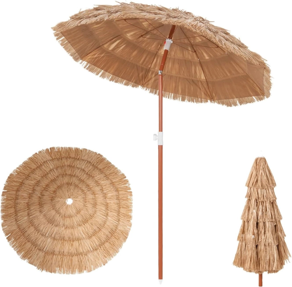 Ombrellone di Paglia in PP 208 cm, Ombrellone da Spiaggia Pieghevole, Parasole Hawaiano con Inclinabile in Metallo, Resistente all'Acqua e al Sole, per Spiaggia Giardino Balcone