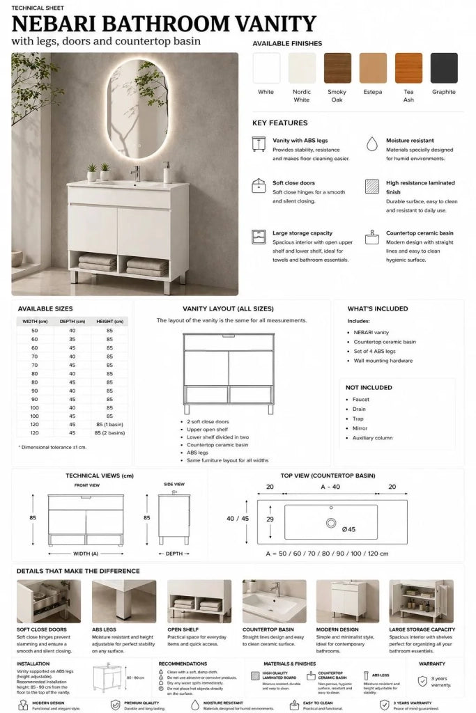Mobile bagno con piedini con lavabo ORIGENBATH NEBARI con piedini e ante 80x45 cm estepa