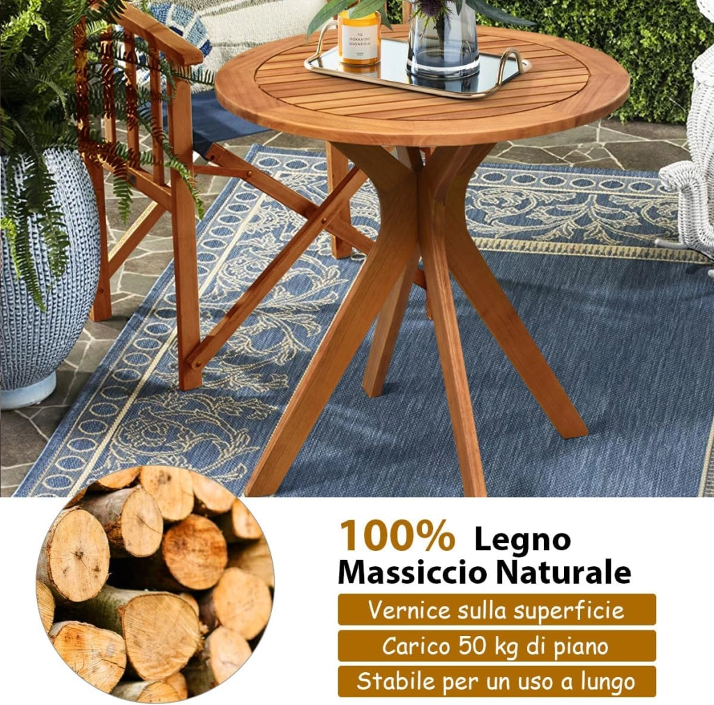 Tavolino Laterale da Giardino in Legno per Esterni, Tavolo Rotondo da 70 cm con Base a X, Tavolino da Caffè per Giardino, Cortile, Patio, Soggiorno, Portata 50 kg