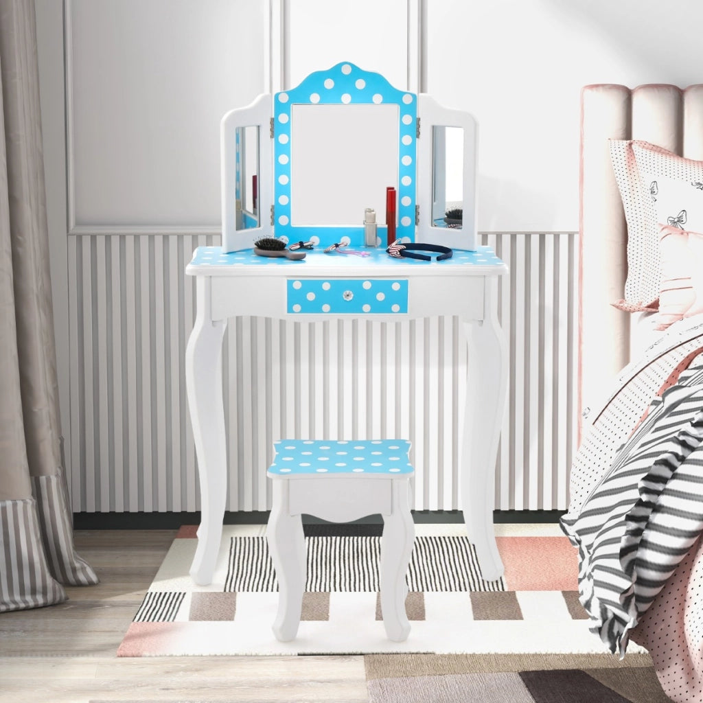 Toeletta trucco per bambina con sgabello triplo specchio e cassetto, Tavolo per trucco con fantasia a pois Blu-Toelette per bimbi