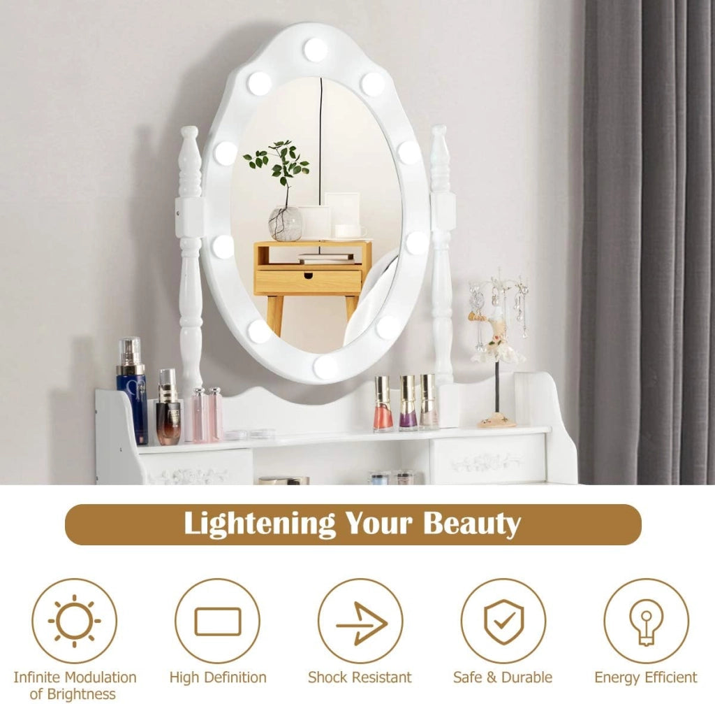 Toeletta Trucco, Postazione Trucco in Legno con Sgabello, 4 Cassetti e Specchiera Rimovibile Girevole a 360° con 10 LED Dimmerabili, Portata di 100+25 kg, 75x40x146cm (Bianco)