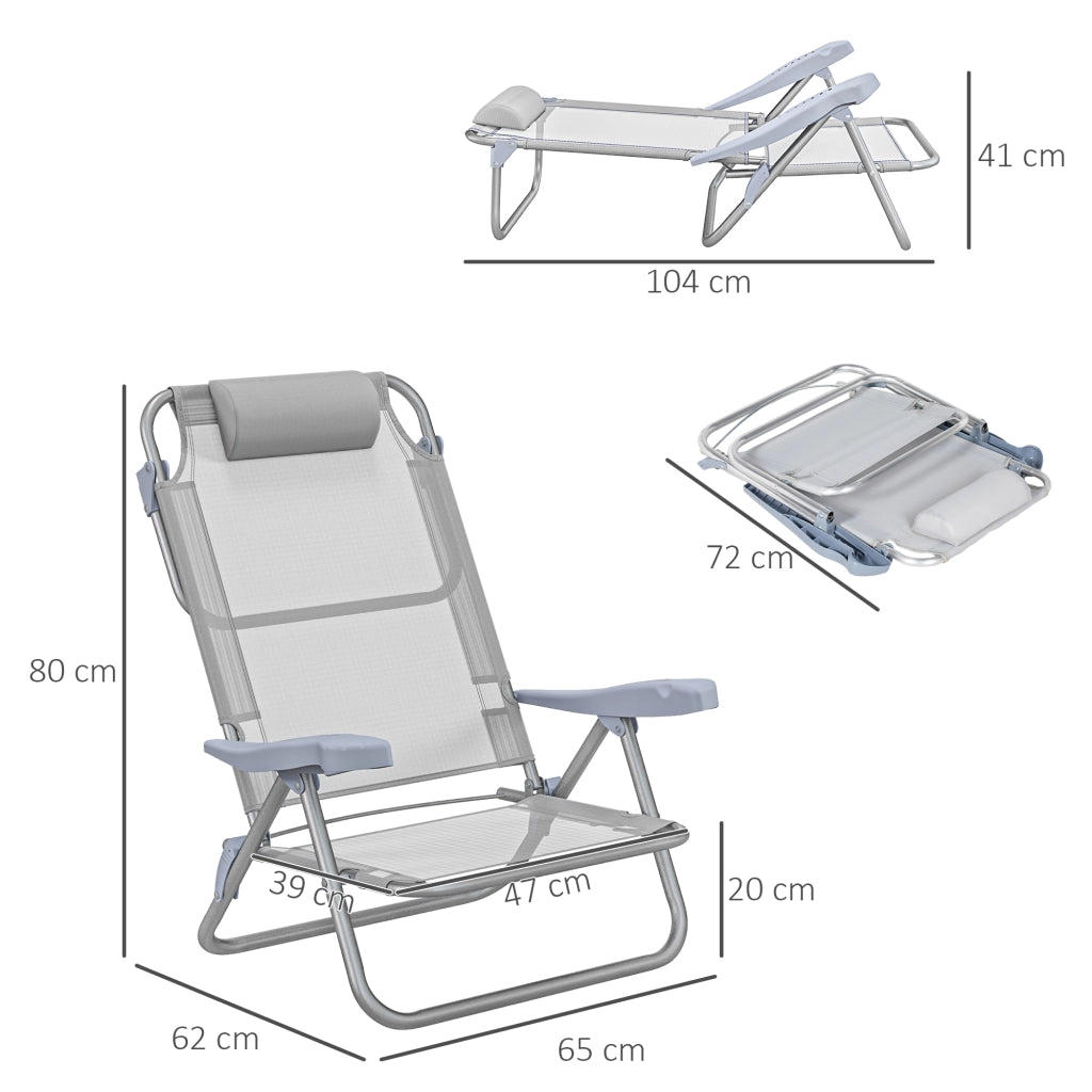 Set 2 Sedie da Campeggio Pieghevoli e Reclinabili su 6 Livelli, in Alluminio e Schiuma, 62x65x80 cm, Grigio Chiaro