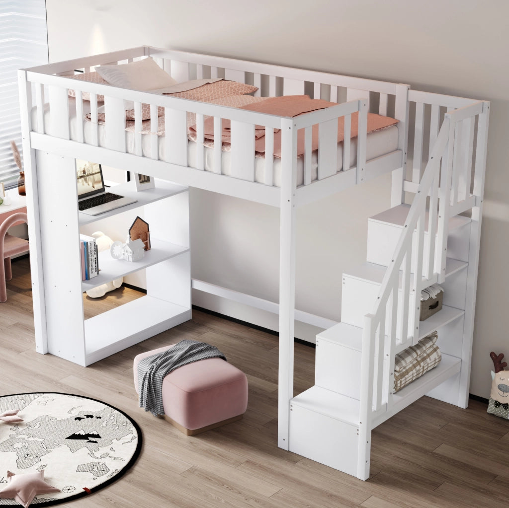 Letto a soppalco 90x200 cm con scala e 3 vani portaoggetti; in legno bianco