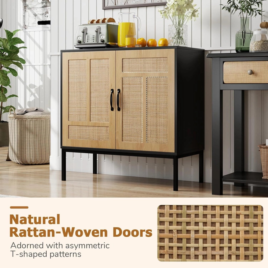Credenza a buffet da cucina con 2 ante decorate in rattan, mensola regolabile in 3 posizioni, kit antiribaltamento, 80 x 38 x 81 cm, mobile per sala da pranzo, soggiorno (nero)