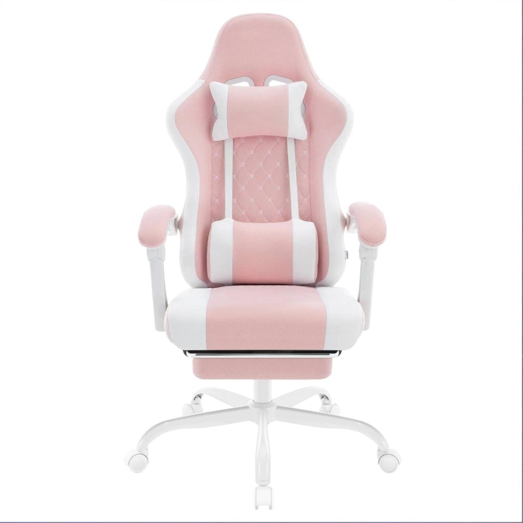 Sedia da ufficio ergonomica rosa e bianca con massaggio