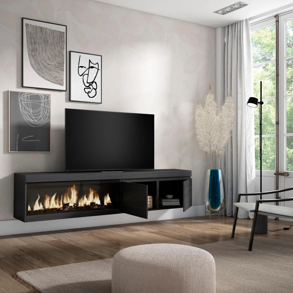 Mobile TV Soggiorno, 208x35x45cm, Per TV fino a 80", Camino elettrico XXL, da appendere, Nero RF3261