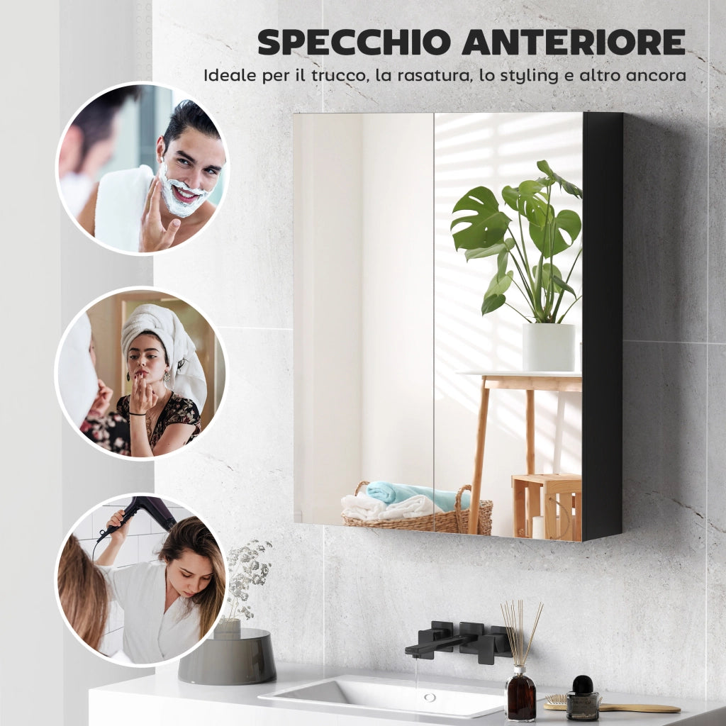 Armadietto Pensile Bagno 2 Ante con Specchiera e 2 Ripiani Interni in MDF, 60x15x75 cm, Nero