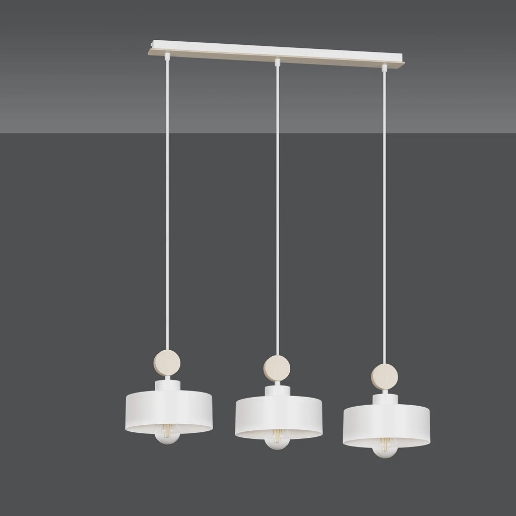 Lampadario 3 Luci Zhurong In Acciaio Bianco E Paralumi Con Legno Naturale