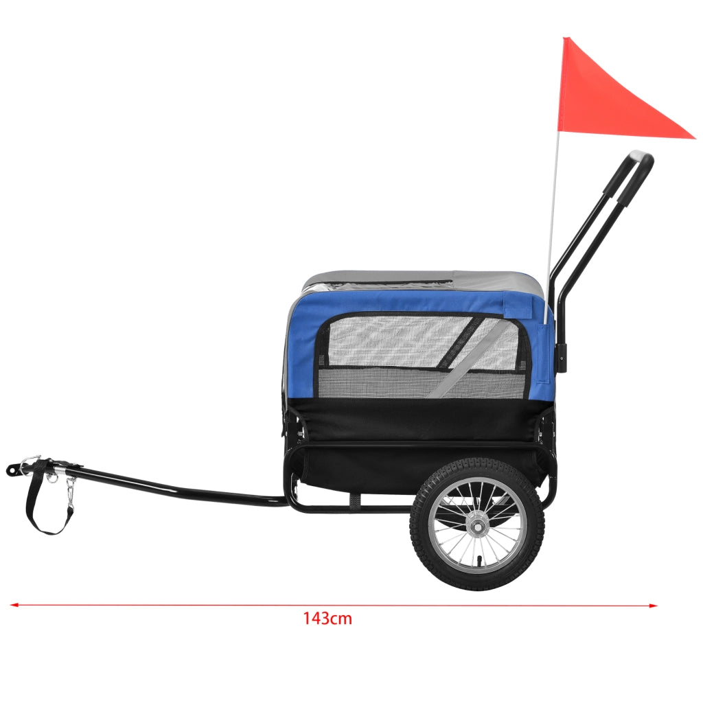 Rimorchio 2in1 per Bicicletta e Passeggiata per Cani e Animali Domestici Fino a 20 kg - Blu-Grigio-Nero pro.tec