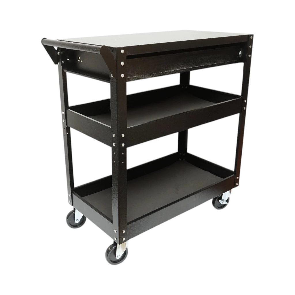 Carrello portautensili da officina in metallo su ruote con 3 ripiani e 1 cassetto, dimensioni 775x410x895 mm. Breckner Germany