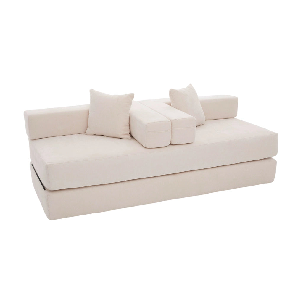 Blocco divano modulare in ciniglia beige con tasche laterali