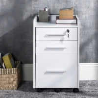 Schedario da Ufficio con 3 Cassetti, 5 Ruote, Cassettiera Ufficio con Serratura e 2 Chiavi per Lettera/Legale/Formato A4, Armadietto Verticale per Studio, 39.2x40x65.4 cm, Bianco